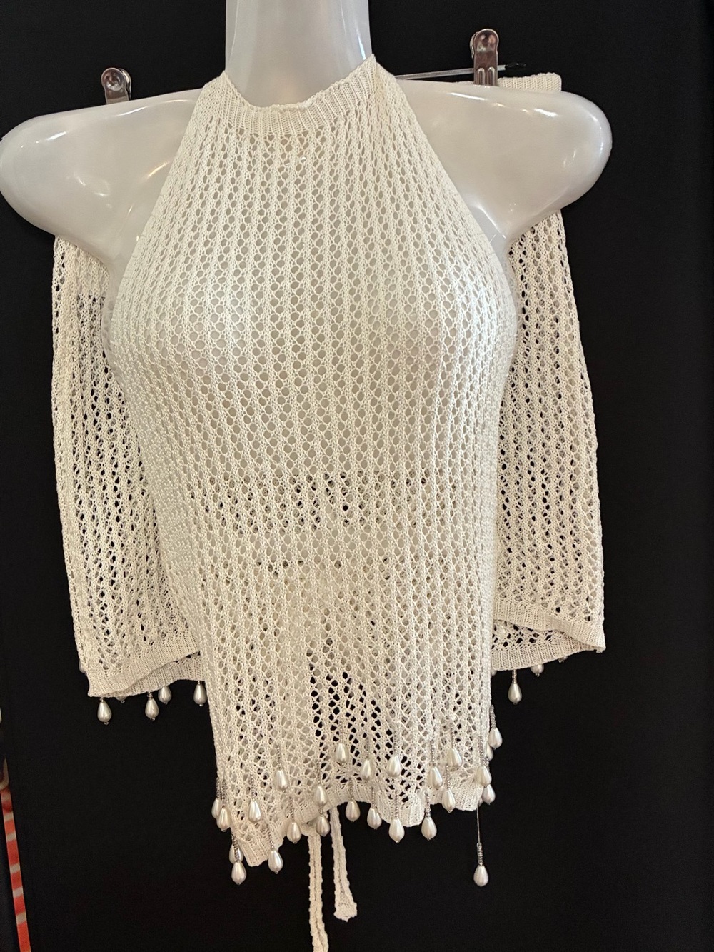 Cream Open-Knit Halter Cold-Shoulder Top with Beaded Fringe